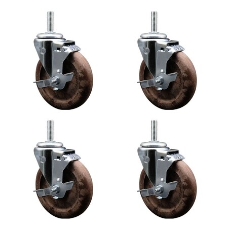 Service Caster 5 Inch High Temp Glass Filled Nylon 58 Inch Threaded Stem Caster Set with Brake SCC-TS20S514-GFNSHT-TLB-58212-4